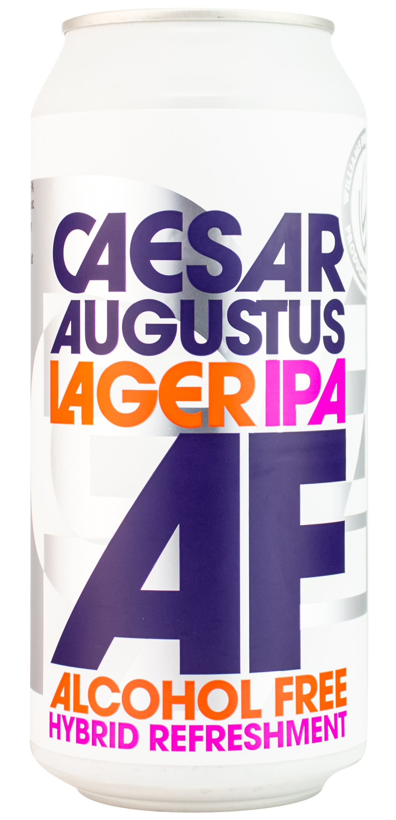 A can of Caesar Augustus Lager IPA AF, indicating it is an alcohol-free hybrid refreshment with bold lettering over the 'AF' symbol.