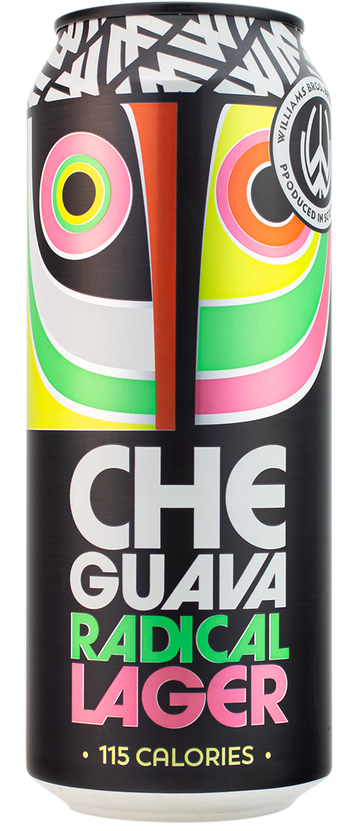 A can of Che Guava Radical Lager with a colorful, abstract design and the text '115 CALORIES' on it.