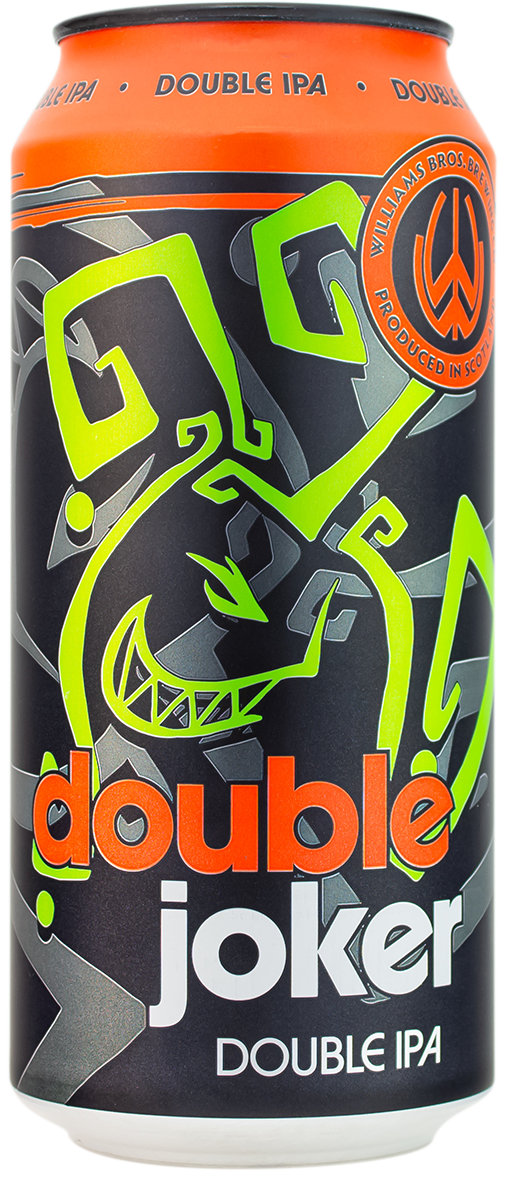 A can of Double Joker Double IPA beer with a colorful graphic design.
