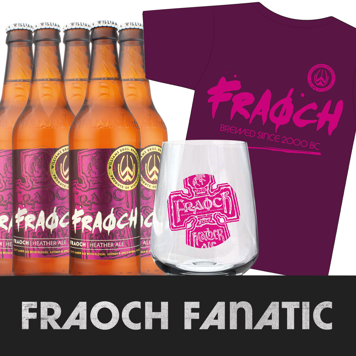 A collection of Fraoch Heather Ale bottles, a branded Fraoch T-Shirt, and a Mencia Glass with the Fraoch logo displayed prominently on them.