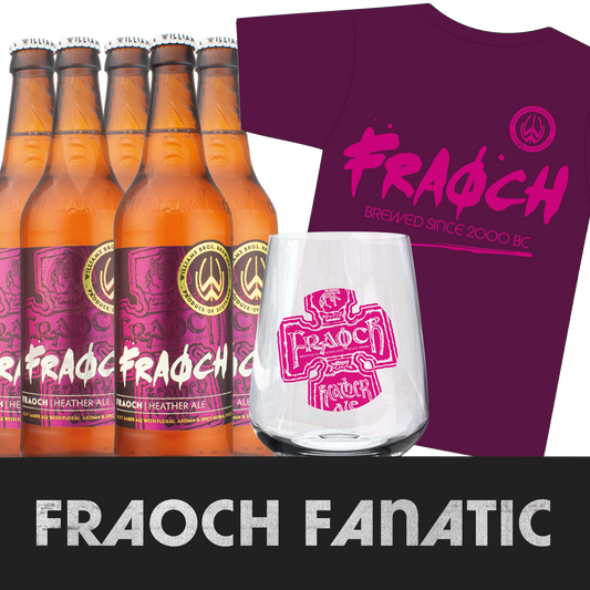 A collection of Fraoch Heather Ale bottles, a branded Fraoch T-Shirt, and a Mencia Glass with the Fraoch logo displayed prominently on them.