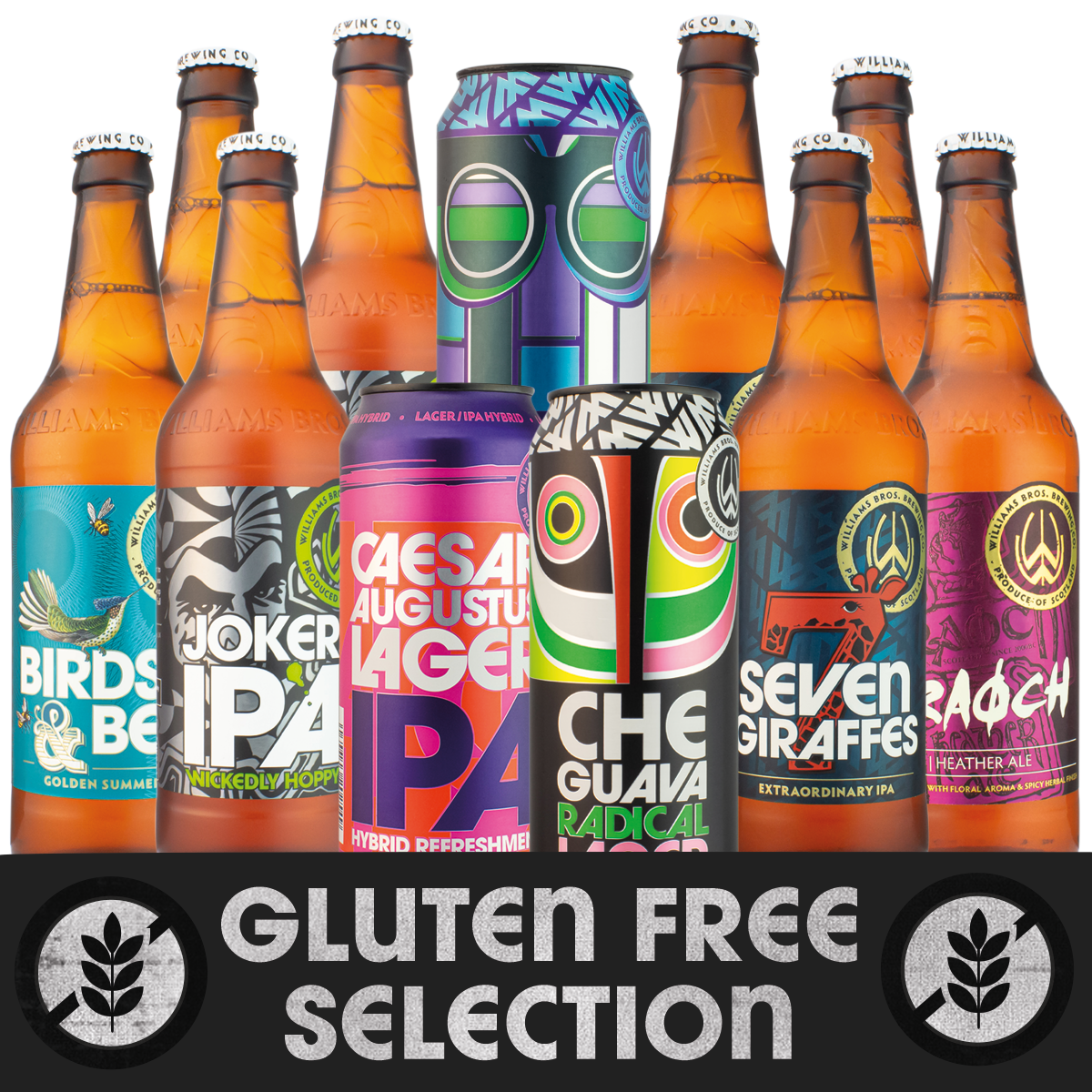 A collection of gluten-free beer bottles from Williams Bros Brewing, labeled with their respective beer names such as Birds & Bees, Joker IPA, Seven Giraffes, Che Guava, Caesar Augustus, Chillax, and Fraoch.