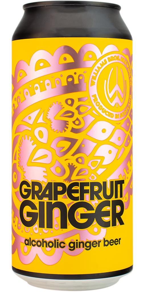 A can of Grapefruit Ginger alcoholic ginger beer with a colorful design featuring pink and purple hues.
