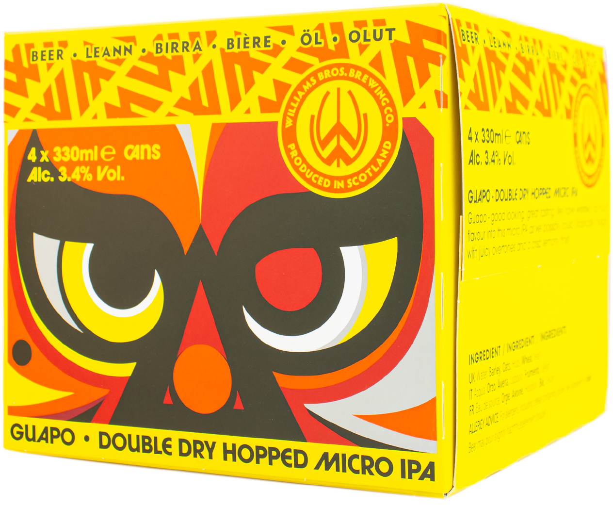 A product image showing a pack of Guapo beer cans with vibrant packaging featuring eyes graphic.