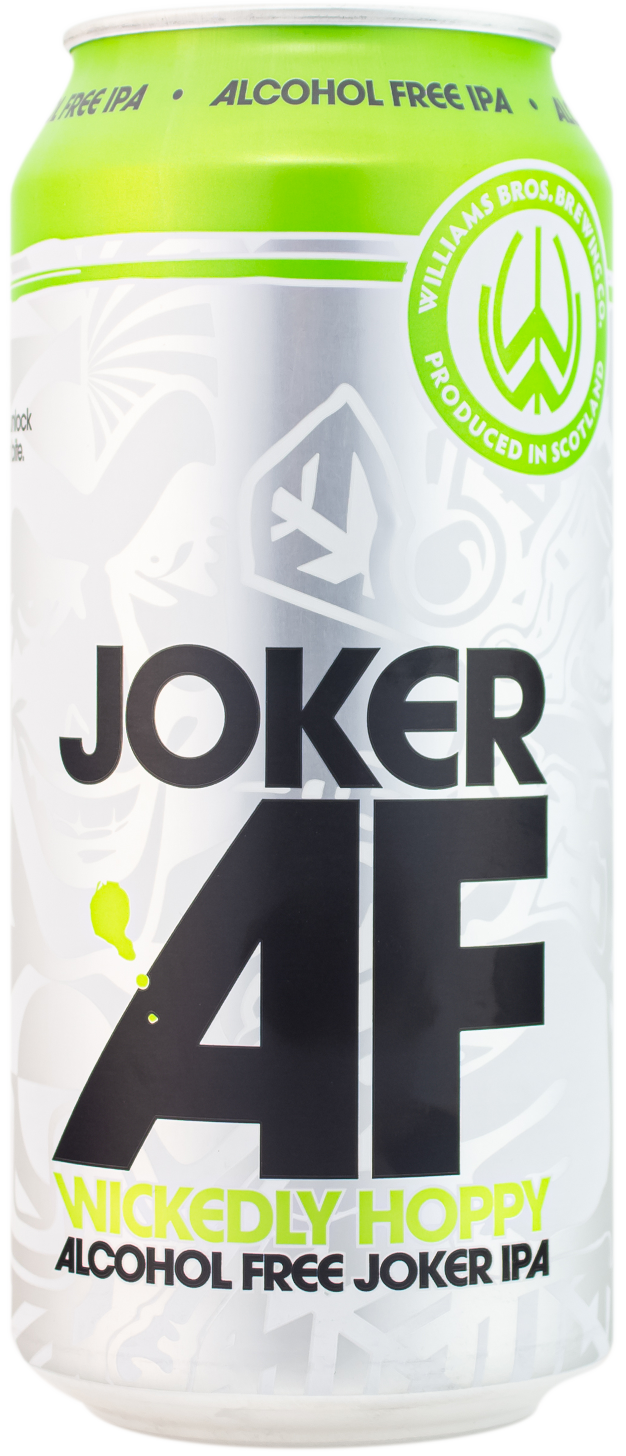 A can of Joker AF, which is an alcohol-free beer with a green and white label.