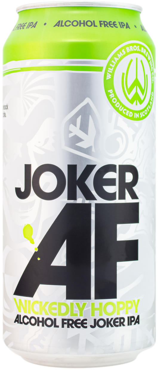 A can of Joker AF, which is an alcohol-free beer with a green and white label.