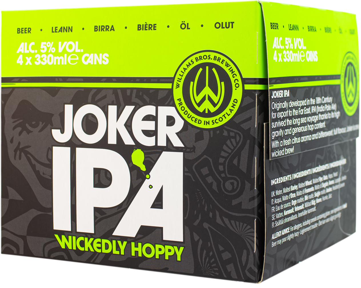 A packaged product labeled 'Joker IPA' which is a 4 pack of beer cans. The packaging is predominantly black and green with text and branding.