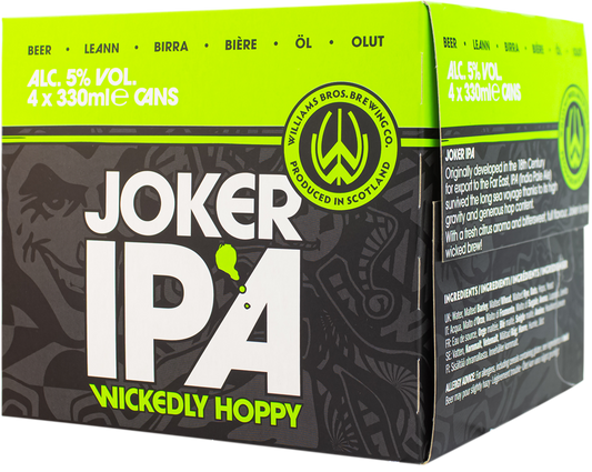 A packaged product labeled 'Joker IPA' which is a 4 pack of beer cans. The packaging is predominantly black and green with text and branding.