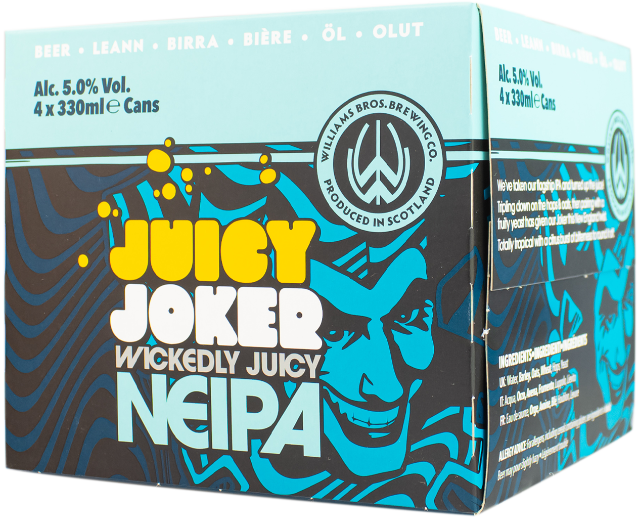 A packaged product labeled 'Juicy Joker Wickedly Juicy NEIPA' featuring a graphic design with blue and yellow elements, and text indicating it is an India Pale Ale with 5.0% alcohol by volume, packaged in 330ml cans.