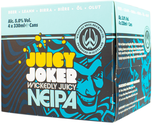 A packaged product labeled 'Juicy Joker Wickedly Juicy NEIPA' featuring a graphic design with blue and yellow elements, and text indicating it is an India Pale Ale with 5.0% alcohol by volume, packaged in 330ml cans.