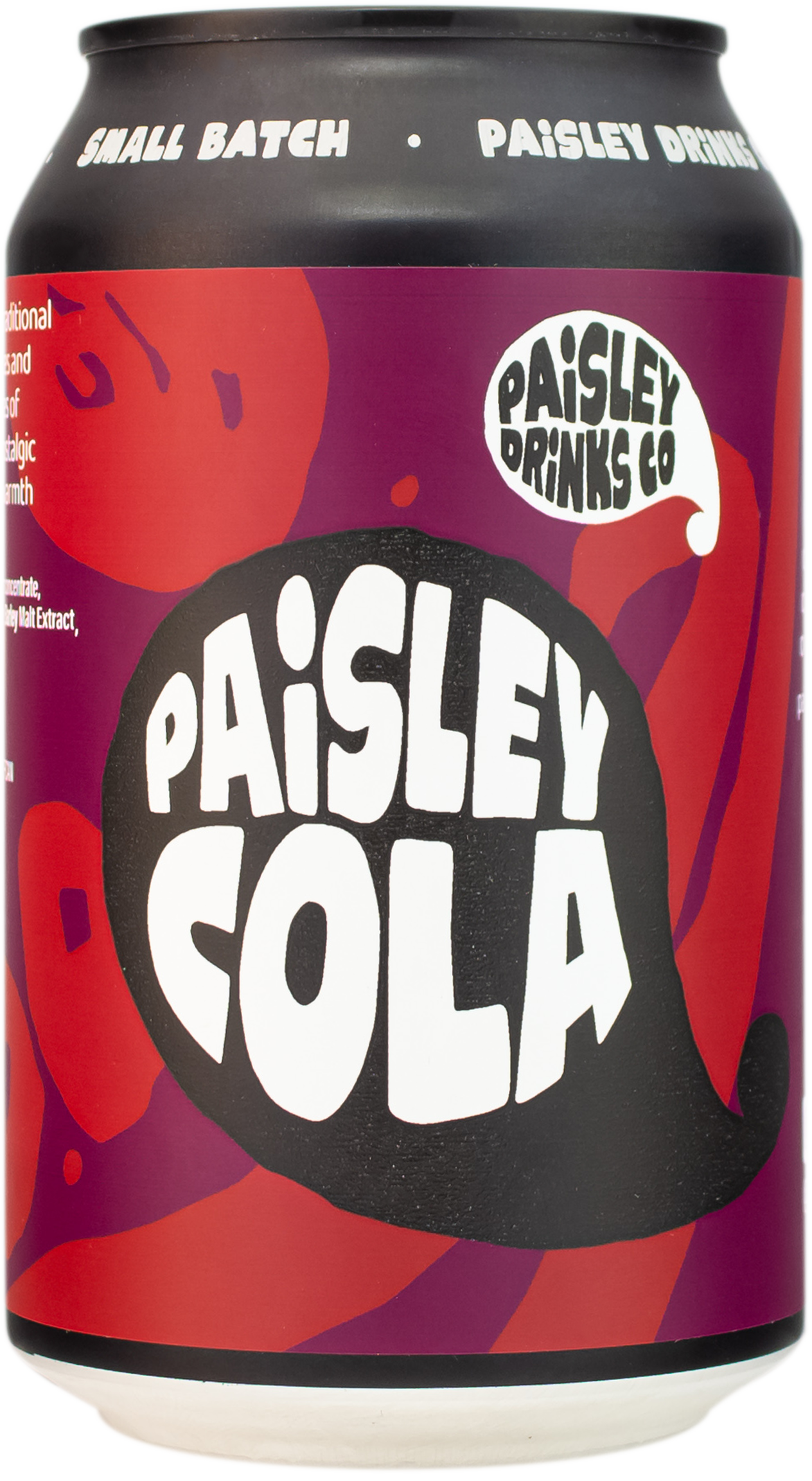 A can of Paisley Cola with a colorful design featuring fruit illustrations and the brand's name.