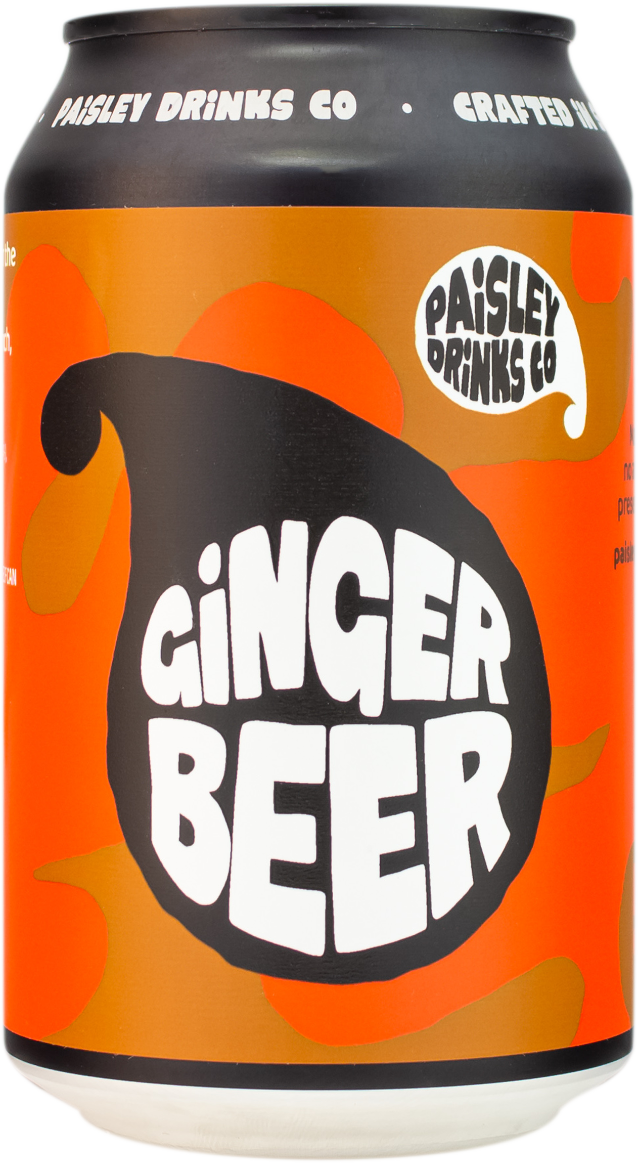 A can of Paisley Drinks Co - Ginger Beer with a predominantly orange background and black text.