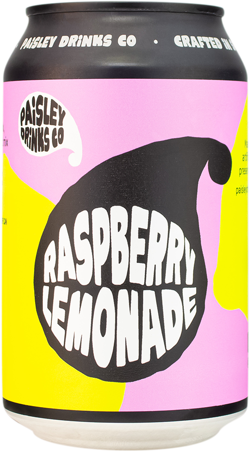 A can of Paisley Drinks Co - Raspberry Lemonade with a pink and yellow design, labeled as a crafted soda beverage.