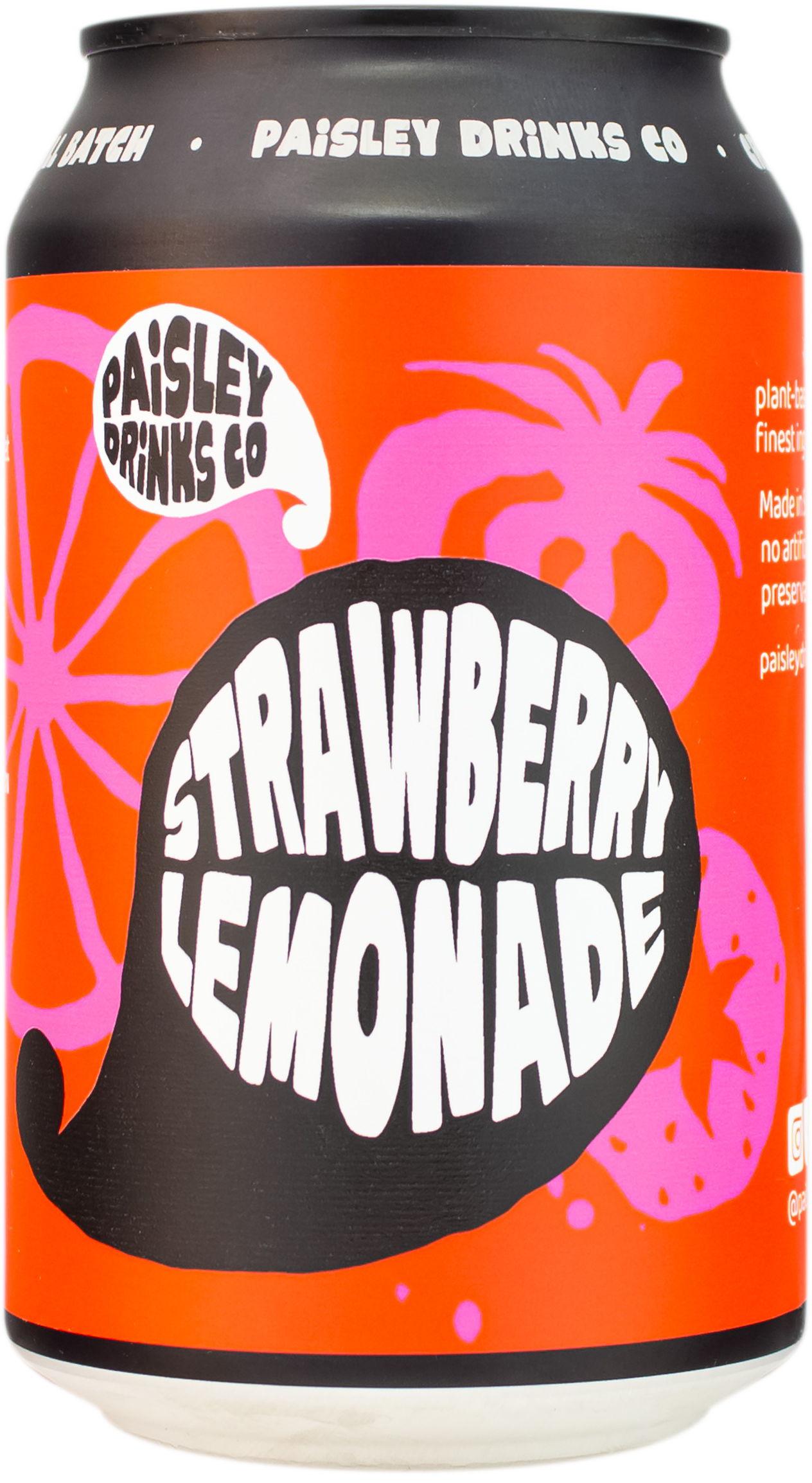 A can of Paisley Drinks Co - Strawberry Lemonade with a colorful design featuring strawberries and lemon slices.