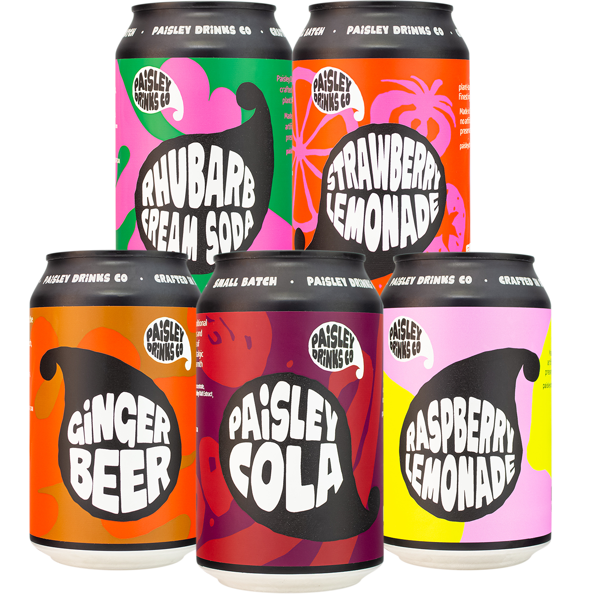 A collection of six canned beverages from Paisley Drinks Co, featuring various flavors such as Strawberry Lemonade, Rhubarb Cream Soda, Raspberry Lemonade, Paisley Cola, and Ginger Beer.