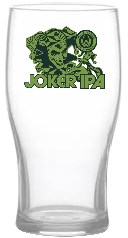 A clear tulip pint glass with a green joker print design and the text 'JOKER IPA' on it.