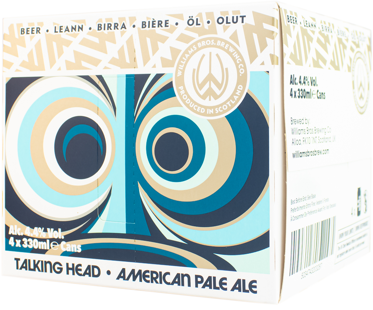 A packaged product labeled 'Talking Head American Extra Pale Ale' by Totemic, showing branding and product details on a white and blue background.
