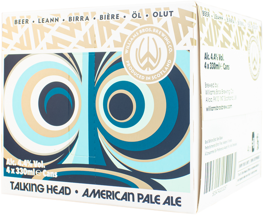 A packaged product labeled 'Talking Head American Extra Pale Ale' by Totemic, showing branding and product details on a white and blue background.