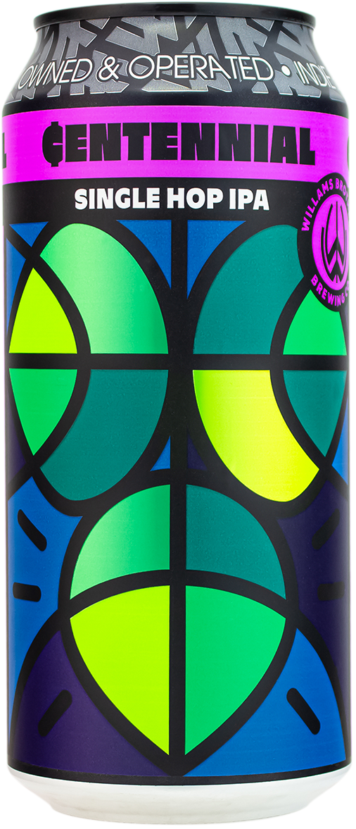 Can of Centennial Single Hop IPA with colorful geometric design
