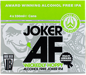 Box of Joker AF alcohol-free IPA with branding and graphics.