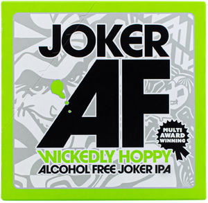 Joker AF alcohol-free IPA packaging with green border