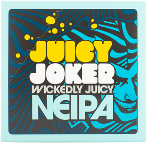 Stylized text 'Juicy Joker Wickedly Juicy NEIPA' on a blue background with abstract patterns.