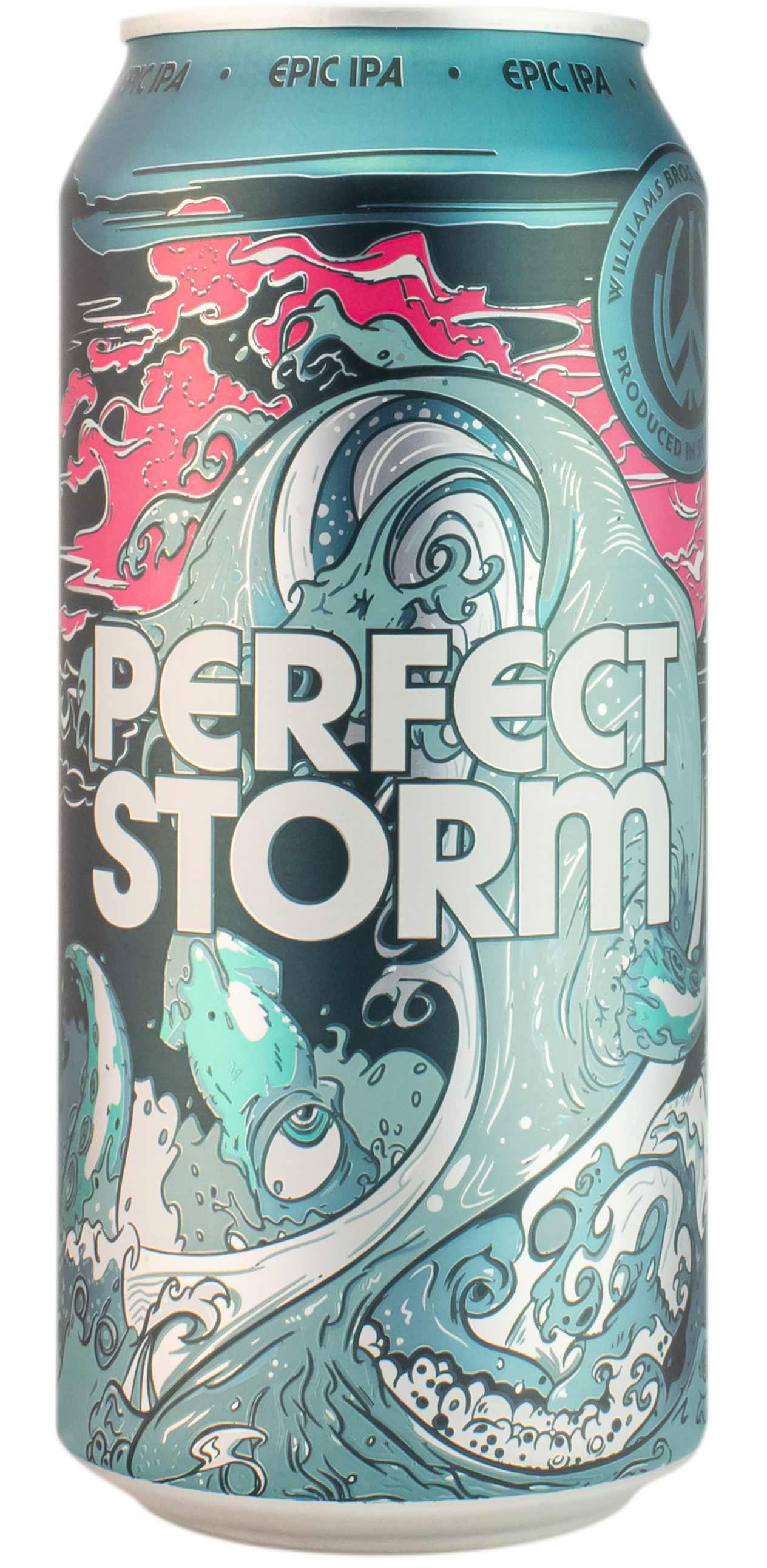 Beer can labeled 'Perfect Storm' with artistic design on a white background