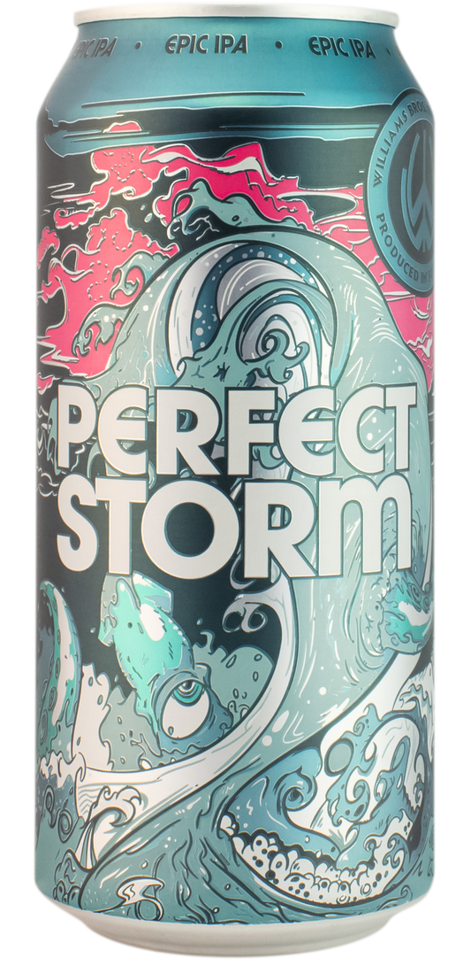 Beer can labeled 'Perfect Storm' with artistic design on a white background