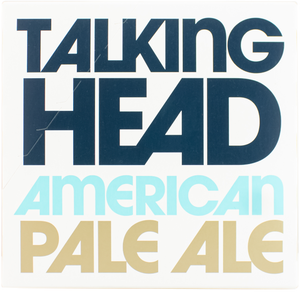 Logo for Talking Head American Pale Ale with blue, green, and gold text on a white background